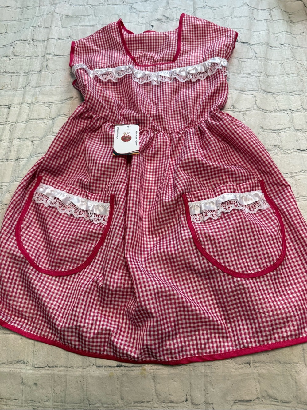 Pet Warrior Dog Red Gingham Apron Dress with Lace Trim Custome. Halloween costum